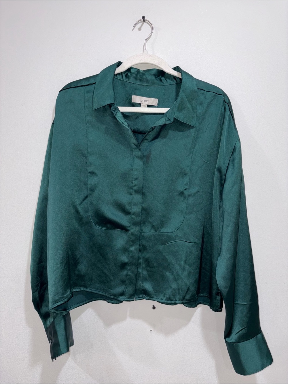 LOFT Dark Teal Satin Button-Down Shirt Cropped